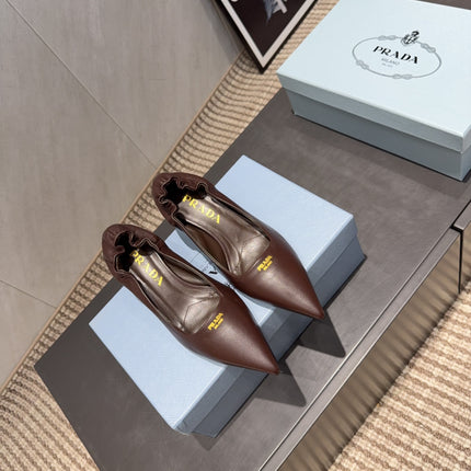 PRADA 26S POINTED TOE PUMPS 55MM IN DARK BROWN SHEEPSKIN WITH LOGO