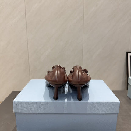 PRADA 26S POINTED TOE PUMPS 55MM IN CHOCOLATE BROWN SHEEPSKIN