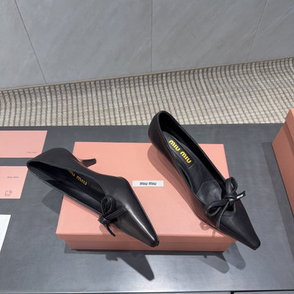 MIUMIU 26S POINTED TOE PUMPS 55MM IN BLACK CALFSKIN WITH BOW