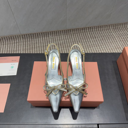 MIUMIU 26S SLINGBACK 55MM IN SILVER CALFSKIN WITH BOW