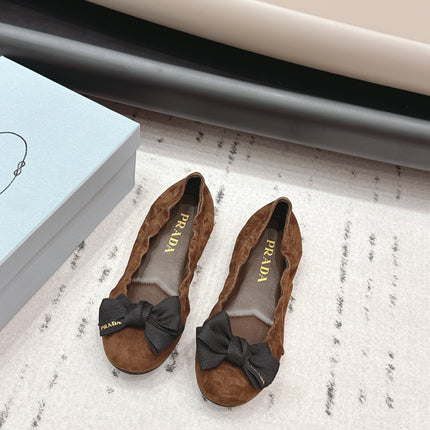 PRADA 26S ROUND TOE FLATS WITH BOW IN DARK BROWN SUEDE