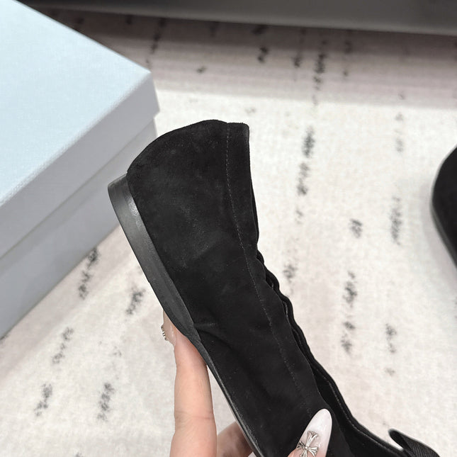 PRADA 26S ROUND TOE FLATS WITH BOW IN BLACK SUEDE