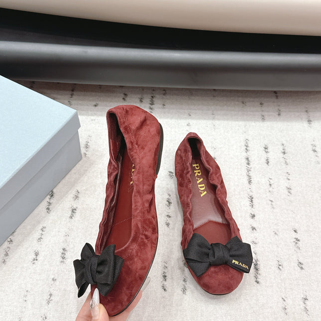 PRADA 26S ROUND TOE FLATS WITH BOW IN DARK RED SUEDE