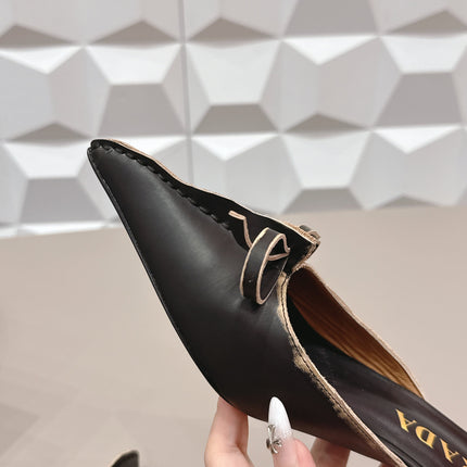 PRADA 26S POINTED TOE LACE TRIM MULES 55MM IN BLACK CALFSKIN WITH BOW