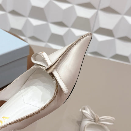 PRADA 26S POINTED TOE SLINGBACK HIGH HEELS 55MM IN CREAM WHITE CALFSKIN WITH BOW