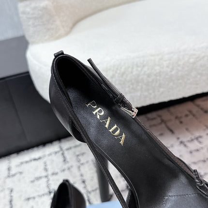 PRADA 26S POINTED-TOE HIGH HEELS 75MM IN BLACK CALFSKIN WITH BOW