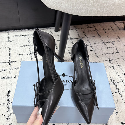 PRADA 26S POINTED-TOE HIGH HEELS 75MM IN BLACK CALFSKIN WITH BOW