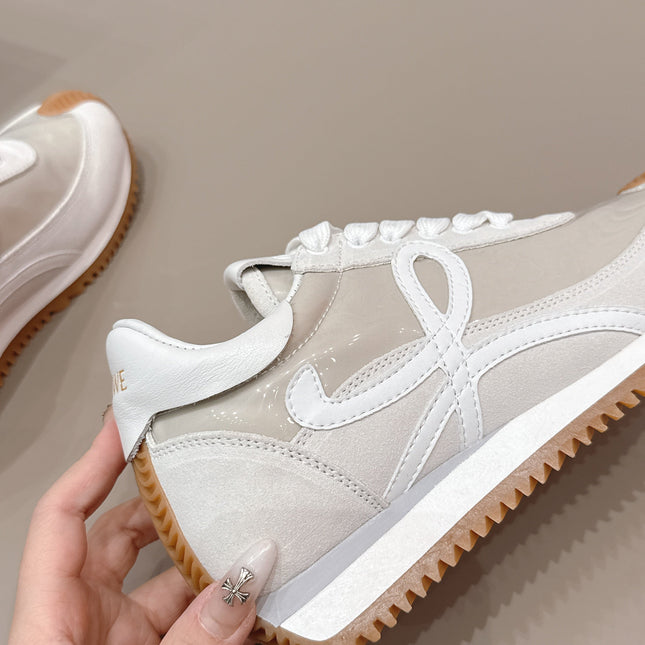 LOEWE 26S FLOW RUNNER SNEAKER IN WHITE SUEDE AND CLEAR PLASTIC AND CALFSKIN