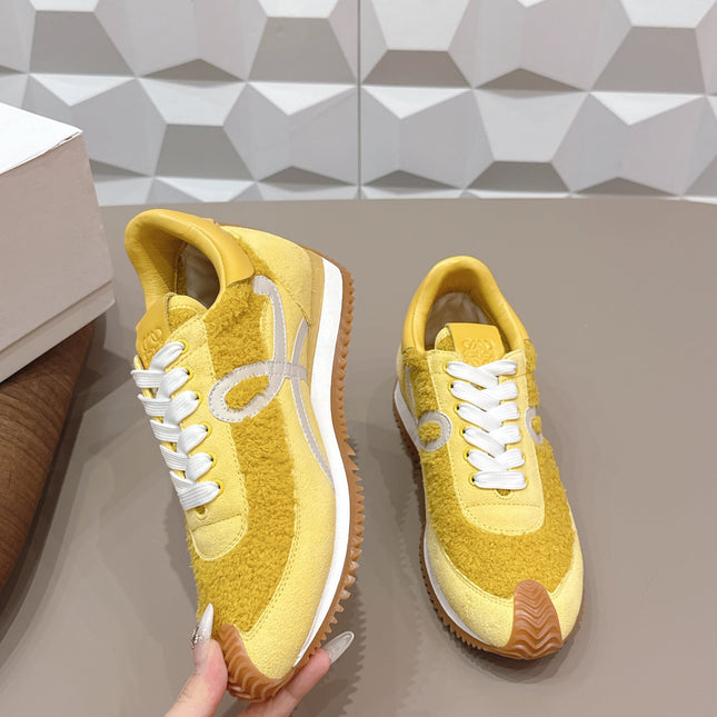 LOEWE 26S FLOW RUNNER SNEAKER IN YELLOW SUEDE AND TEDDY FABRIC AND CALFSKIN
