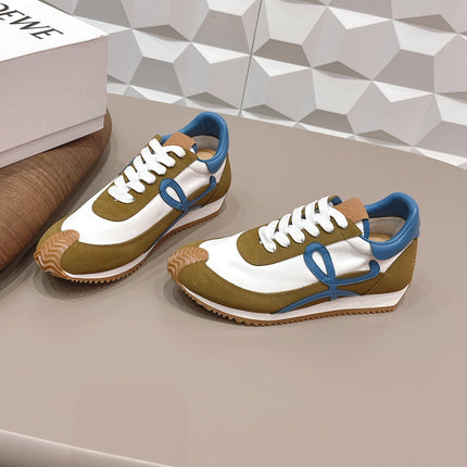 LOEWE 26S FLOW RUNNER SNEAKER IN OLIVE BROWN AND WHITE SUEDE AND BLUE CALFSKIN