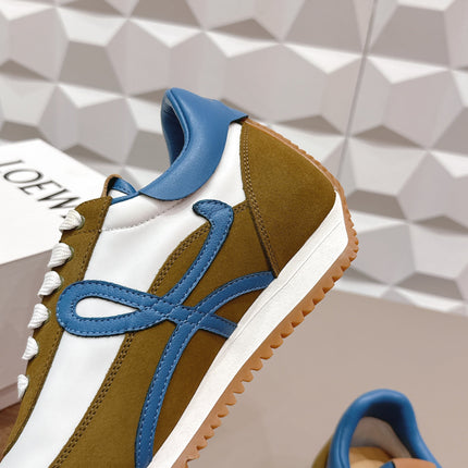 LOEWE 26S FLOW RUNNER SNEAKER IN OLIVE BROWN AND WHITE SUEDE AND BLUE CALFSKIN