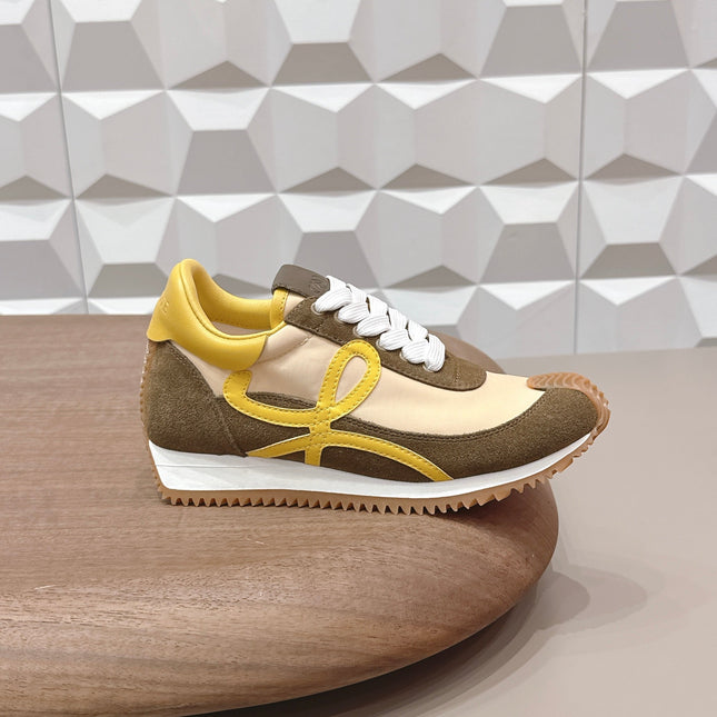 LOEWE 26S FLOW RUNNER SNEAKER IN DARK OLIVE BROWN SUEDE AND YELLOW CALFSKIN