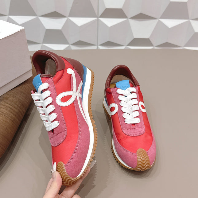 LOEWE 26S FLOW RUNNER SNEAKER IN DUSTY ROSE SUEDE AND DARK RED CALFSKIN