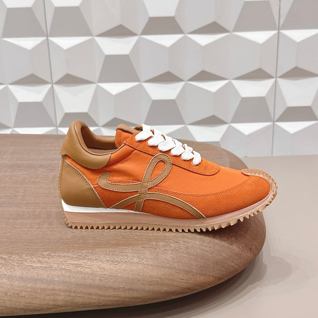 LOEWE 26S FLOW RUNNER SNEAKER IN ORANGE SUEDE AND BROWN CALFSKIN