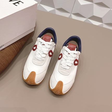 LOEWE 26S FLOW RUNNER SNEAKER IN LIGHT GRAY SUEDE AND NAVY BLUE AND RED CALFSKIN