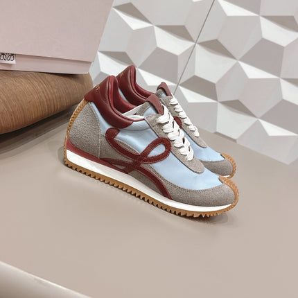 LOEWE 26S FLOW RUNNER SNEAKER IN GRAY AND BLUE SUEDE AND DARK RED CALFSKIN