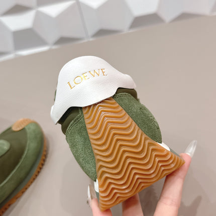 LOEWE 26S FLOW RUNNER SNEAKER IN DARK OLIVE GREEN SUEDE AND WHITE CALFSKIN