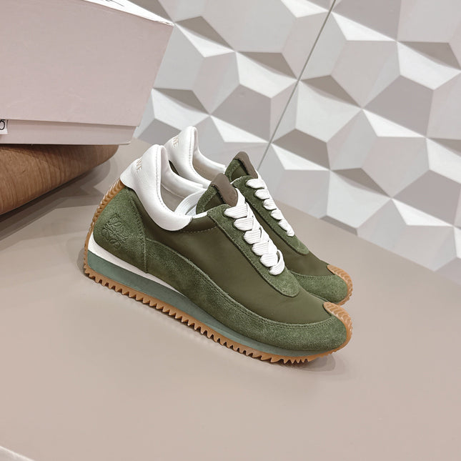 LOEWE 26S FLOW RUNNER SNEAKER IN DARK OLIVE GREEN SUEDE AND WHITE CALFSKIN