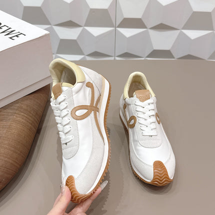 LOEWE 26S FLOW RUNNER SNEAKER IN WHITE SUEDE AND LIGHT YELLOW CALFSKIN