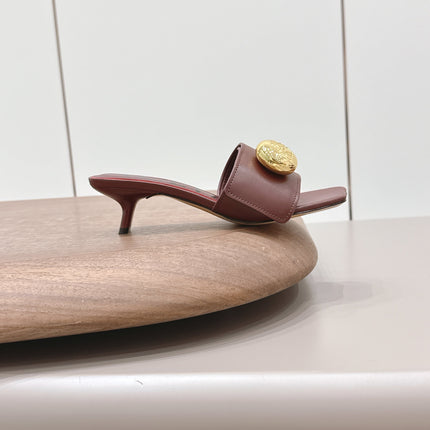 LOEWE 26S SQUARE TOE SANDALS 45MM IN DARK BROWN CALFSKIN GOLD HARDWARE