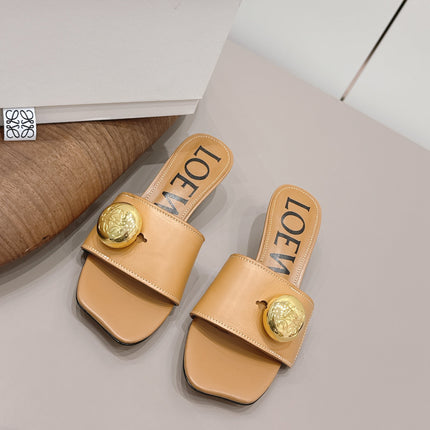 LOEWE 26S SQUARE TOE SANDALS 45MM IN TAN BROWN CALFSKIN GOLD HARDWARE