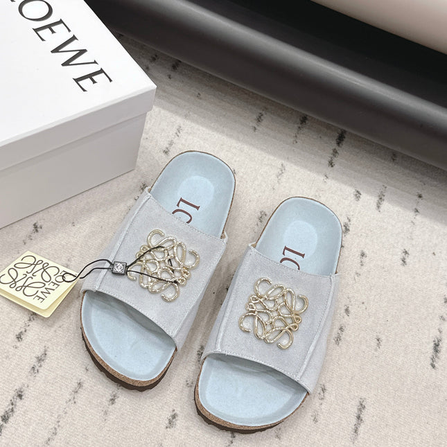 LOEWE 26S FLAT SANDALS IN LIGHT BLUE LOGO GOLD HARDWARE