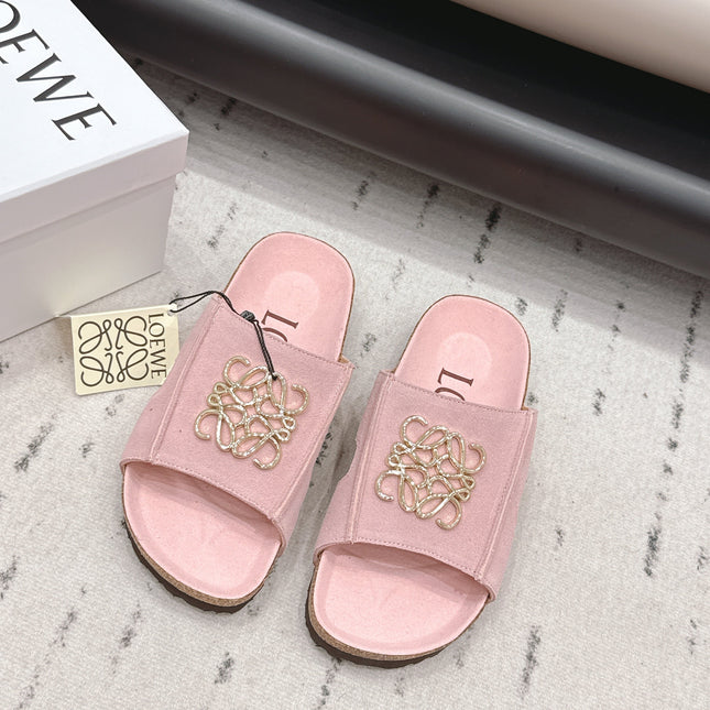 LOEWE 26S FLAT SANDALS IN PINK LOGO GOLD HARDWARE