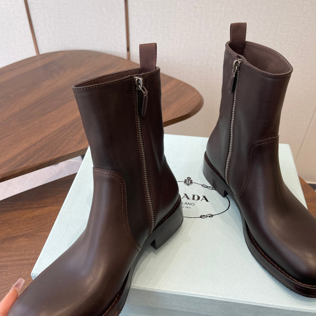 PRADA 25S COWBOY BOOTS IN DARK BROWN CALFSKIN