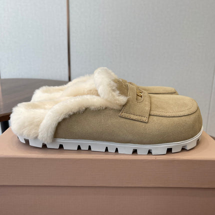 MIUMIU 25S MULES SLIPPERS SHEEPWOOL IN LIGHT BROWN SUEDE