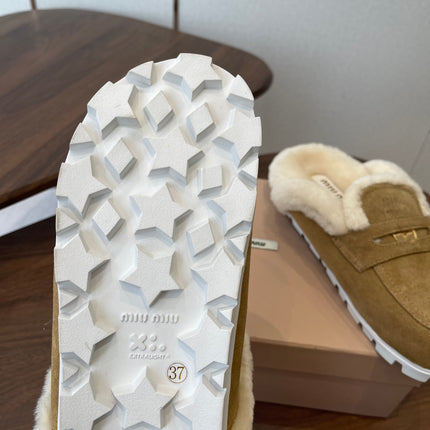 MIUMIU 25S MULES SLIPPERS SHEEPWOOL IN BROWN SUEDE