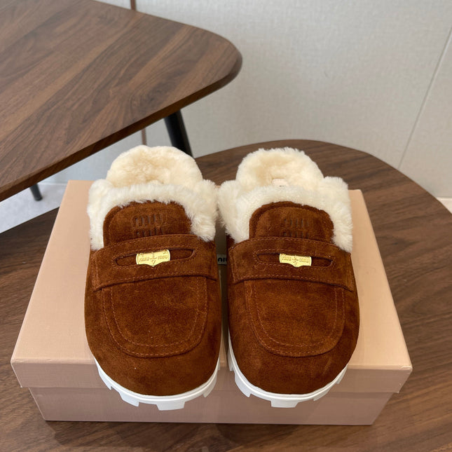 MIUMIU 25S MULES SLIPPERS SHEEPWOOL IN DARK BROWN SUEDE
