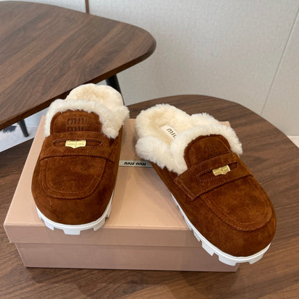 MIUMIU 25S MULES SLIPPERS SHEEPWOOL IN DARK BROWN SUEDE