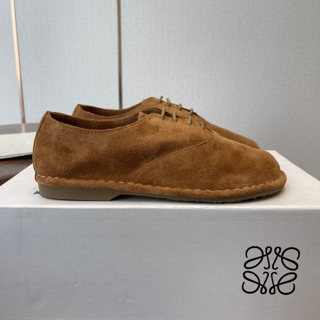 LOEWE 26S FOLIO DERBY SHOES IN DARK BROWN SUEDE