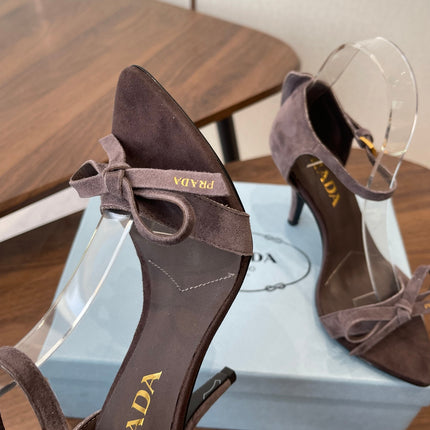 PRADA 26S HIGH HEEL SANDALS 85MM IN DARK BROWN SUEDE WITH BOW