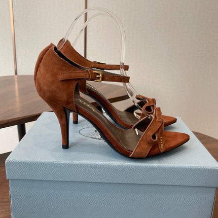 PRADA 26S HIGH HEEL SANDALS 85MM IN CARAMEL BROWN SUEDE WITH BOW