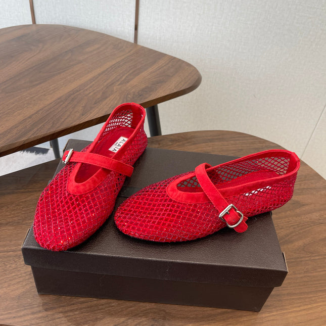 ALAIA 26S MESH FLATS IN RED SUEDE RHINESTONE-EMBELLISHED