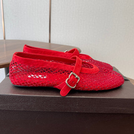 ALAIA 26S MESH FLATS IN RED SUEDE RHINESTONE-EMBELLISHED