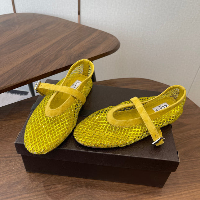 ALAIA 26S MESH FLATS IN DARK YELLOW SUEDE RHINESTONE-EMBELLISHED