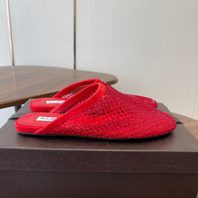 ALAIA 26S FLAT MULES IN RED SUEDE AND MESH RHINESTONE-EMBELLISHED