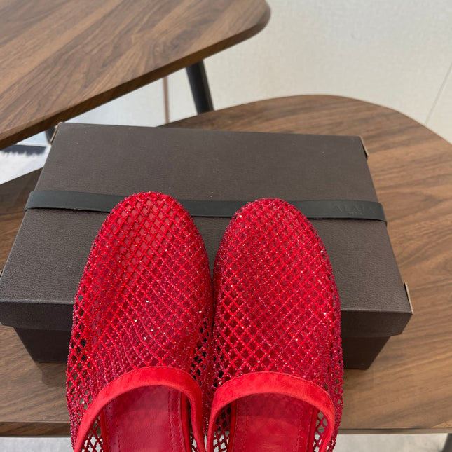 ALAIA 26S FLAT MULES IN RED SUEDE AND MESH RHINESTONE-EMBELLISHED