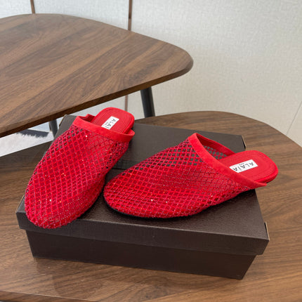 ALAIA 26S FLAT MULES IN RED SUEDE AND MESH RHINESTONE-EMBELLISHED