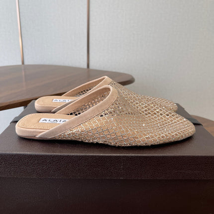 ALAIA 26S FLAT MULES IN BEIGE SUEDE AND MESH RHINESTONE-EMBELLISHED