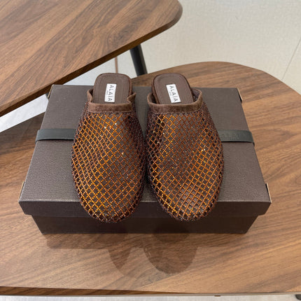 ALAIA 26S FLAT MULES IN DARK BROWN SUEDE AND MESH RHINESTONE-EMBELLISHED