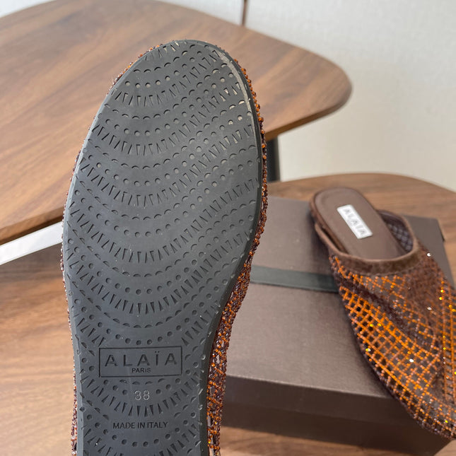 ALAIA 26S FLAT MULES IN DARK BROWN SUEDE AND MESH RHINESTONE-EMBELLISHED