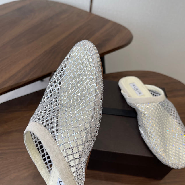 ALAIA 26S FLAT MULES IN CREAM WHITE SUEDE AND MESH RHINESTONE-EMBELLISHED