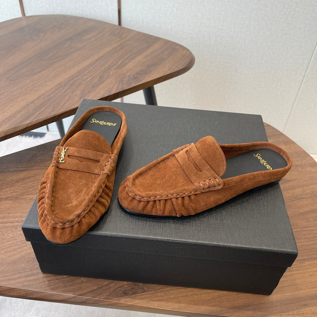 YSL 26S LOAFER MULES IN BURNT ORANGE BROWN SUEDE