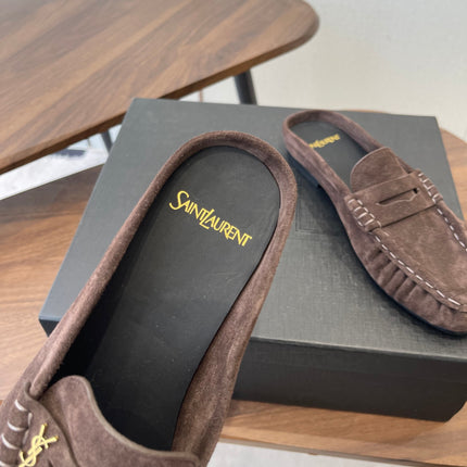 YSL 26S LOAFER MULES IN EARTH BROWN SUEDE