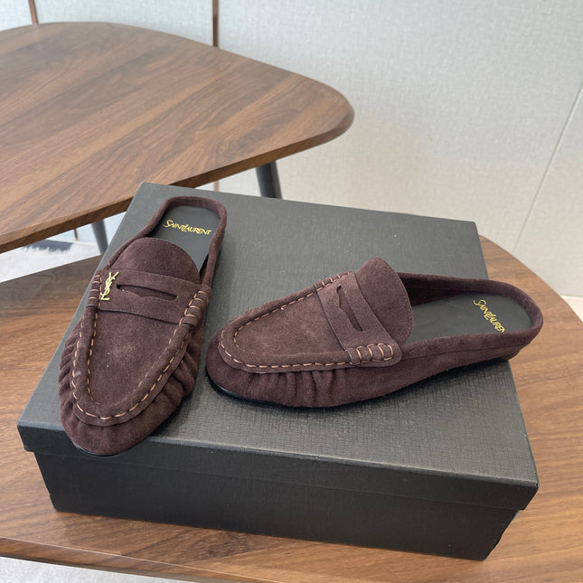 YSL 26S LOAFER MULES IN DARK PLUM BROWN SUEDE