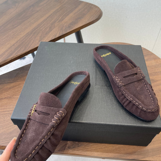 YSL 26S LOAFER MULES IN DARK PLUM BROWN SUEDE