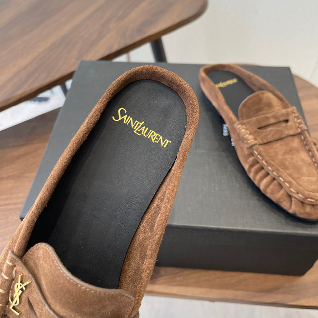 YSL 26S LOAFER MULES IN BROWN SUEDE